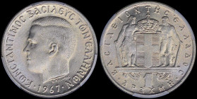 GREECE: 1 Drachma (1967) (type I) in copper-nickel with head of King Constantine II facing left and inscription "ΚΩΝCΤΑΝΤΙΝΟC ΒΑCΙΛΕΥC ΤΩΝ ΕΛΛΗΝΩΝ". I...