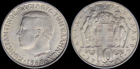 GREECE: 10 Drachmas (1968) (type I) in copper-nickel with head of King Constantine II facing left and inscription "ΚΩΝCΤΑΝΤΙΝΟC ΒΑCΙΛΕΥC ΤΩΝ ΕΛΛΗΝΩΝ"....