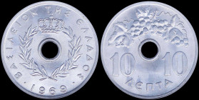 GREECE: 10 Lepta (1969) (type I) in aluminium with Royal Crown and inscription "ΒΑΣΙΛΕΙΟΝ ΤΗΣ ΕΛΛΑΔΟΣ". Inside slab by NGC "MS 67". Cert number: 17570...