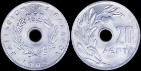 GREECE: 20 Lepta (1969) (type I) in aluminum with Royal Crown and inscription "ΒΑΣΙΛΕΙΟΝ ΤΗΣ ΕΛΛΑΔΟΣ". Inside slab by PCGS "MS 66". Cert number: 42956...
