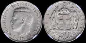 GREECE: 50 Lepta (1970) (type I) in copper-nickel with head of King Constantine II facing left and inscription "ΚΩΝCΤΑΝΤΙΝΟC ΒΑCΙΛΕΥC ΤΩΝ ΕΛΛΗΝΩΝ". In...
