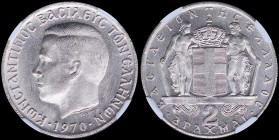 GREECE: 2 Drachmas (1970) (type I) in copper-nickel with head of King Constantine II facing left and inscription "ΚΩΝCΤΑΝΤΙΝΟC ΒΑΣΙΛΕΥC ΤΩΝ ΕΛΛΗΝΩΝ". ...
