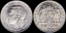 GREECE: 5 Drachmas (1970) (type I) in copper-nickel with head of King Constantine II facing left and inscription "ΚΩΝCΤΑΝΤΙΝΟC ΒΑCΙΛΕΥC ΤΩΝ ΕΛΛΗΝΩΝ". ...