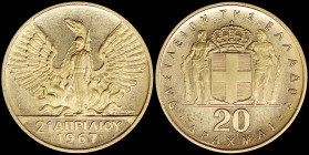 GREECE: 20 Drachmas (1970) in gold (0,900) commemorating the April 21st 1967 with phoenix and soldier. (Hellas 240). Uncirculated.