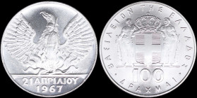 GREECE: 100 Drachmas (1970) (type I) in silver (0,900) commemorating the April 21st 1967 with phoenix and soldier. (Hellas 242). Uncirculated.
