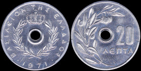 GREECE: 20 Lepta (1971) (type I) in aluminum with Royal Crown and inscription "ΒΑΣΙΛΕΙΟΝ ΤΗΣ ΕΛΛΑΔΟΣ". Inside slab by PCGS "MS 65". Cert number: 41526...