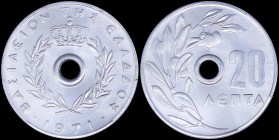 GREECE: 20 Lepta (1971) (type I) in aluminum with with Royal Crown and inscription "ΒΑΣΙΛΕΙΟΝ ΤΗΣ ΕΛΛΑΔΟΣ". Variety: Double die obverse. Inside slab b...