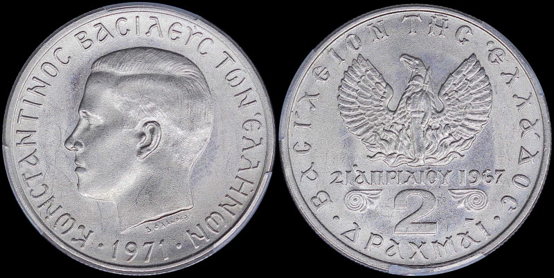 GREECE: 2 Drachmas (1971) (type II) in copper-nickel with head of King Constanti...