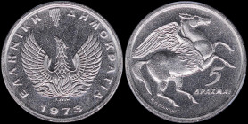 GREECE: 5 Drachmas (1973) in copper-nickel with phoenix and inscription "ΕΛΛΗΝΙΚΗ ΔΗΜΟΚΡΑΤΙΑ". Pegasus on reverse. Inside slab by PCGS "MS 65 / Pegasu...