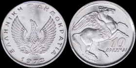 GREECE: 10 Drachmas (1973) in copper-nickel with with phoenix and inscription "ΕΛΛΗΝΙΚΗ ΔΗΜΟΚΡΑΤΙΑ". Pegasus on reverse. Inside slab by PCGS "MS 66 / ...