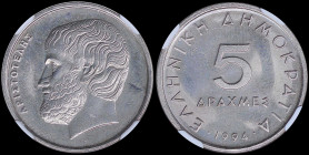 GREECE: 5 Drachmas (1994) (type Ia) in copper-nickel with value and inscription "ΕΛΛΗΝΙΚΗ ΔΗΜΟΚΡΑΤΙΑ". Head of Aristotle facing left on reverse. Insid...