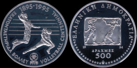 GREECE: 500 Drachmas (1994) in silver (0,925) commemorating the Volleyball Centennial 1895-1995 with relief of sports and inscription "ΕΛΛΗΝΙΚΗ ΔΗΜΟΚΡ...