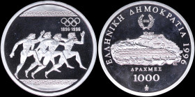 GREECE: 1000 Drachmas (1996) (type I) in silver (0,925) commemorating the 1896 Athens Olympics Centenary with Panathenaic stadium and inscription "ΕΛΛ...