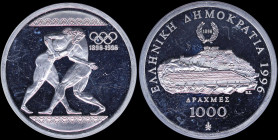 GREECE: 1000 Drachmas (1996) (type II) in silver (0,925) commemorating the 1896 Athens Olympics Centenary with wrestlers. Panathenaic stadium on rever...