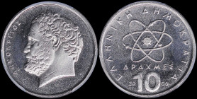GREECE: 10 Drachmas (2000) (type Ia) in copper-nickel with atom at center and inscription "ΕΛΛΗΝΙΚΗ ΔΗΜΟΚΡΑΤΙΑ". Head of Democritos facing left on rev...