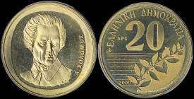 GREECE: 20 Drachmas (2000) (type II) in copper-aluminum with value and inscription "ΕΛΛΗΝΙΚΗ ΔΗΜΟΚΡΑΤΙΑ". Bust of Dionysios Solomos facing right on re...