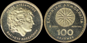 GREECE: 100 Drachmas (2000) (type I) in copper-aluminum with the star of Vergina and inscription "ΕΛΛΗΝΙΚΗ ΔΗΜΟΚΡΑΤΙΑ" at one side. Head of Alexander ...