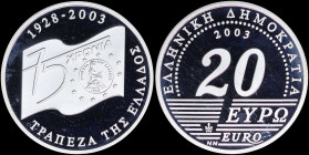 GREECE: 20 Euro (2003) in silver (0,925) commemorating the 75th Anniversary of the Bank of Greece with value and inscription "ΕΛΛΗΝΙΚΗ ΔΗΜΟΚΡΑΤΙΑ". Fl...