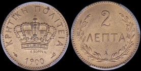 GREECE: 2 Lepta (1900 A) in bronze with Royal Crown and inscription "ΚΡΗΤΙΚΗ ΠΟΛΙΤΕΙΑ". Inside slab by PCGS "MS 64 RD". Cert number: 42571031. (Hellas...