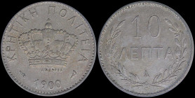GREECE: 10 Lepta (1900 A) in copper-nickel with Royal Crown and inscription "ΚΡΗΤΙΚΗ ΠΟΛΙΤΕΙΑ". Inside slab by PCGS "AU 55". Cert number: 17287009. (H...