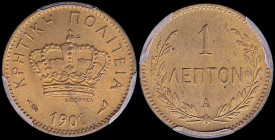 GREECE: 1 Lepton (1901 A) in bronze with Royal Crown and inscription "ΚΡΗΤΙΚΗ ΠΟΛΙΤΕΙΑ". Inside slab by PCGS "MS 65 RD / Crete". Cert number: 43454033...