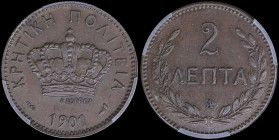 GREECE: 2 Lepta (1901 A) in bronze with Royal Crown and inscription "ΚΡΗΤΙΚΗ ΠΟΛΙΤΕΙΑ". Inside slab by PCGS "AU 58". Cert number: 41421387. (Hellas C....