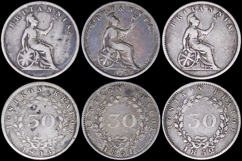 GREECE: 3x 30 new Obols (1834., 1851. & 1852) in silver with value within wreath...