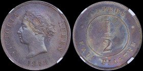 CYPRUS: 1/2 Piastre (1879) in bronze with crowned head of Queen Victoria facing left. Denomination within circle on reverse. Inside slab by NGC "MS 63...