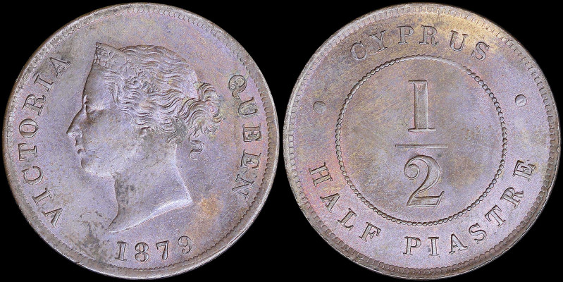 CYPRUS: 1/2 Piastre (1879) in bronze with crowned head of Queen Victoria facing ...