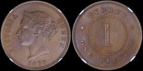 CYPRUS: 1 Piastre (1879) in bronze with crowned head of Queen Victoria facing left. Thin "1" within circle on reverse. Inside slab by NGC "MS 64 BN". ...