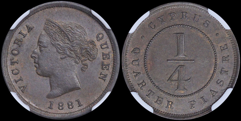 CYPRUS: 1/4 Piastre (1881) in bronze with crowned head of Queen Victoria facing ...