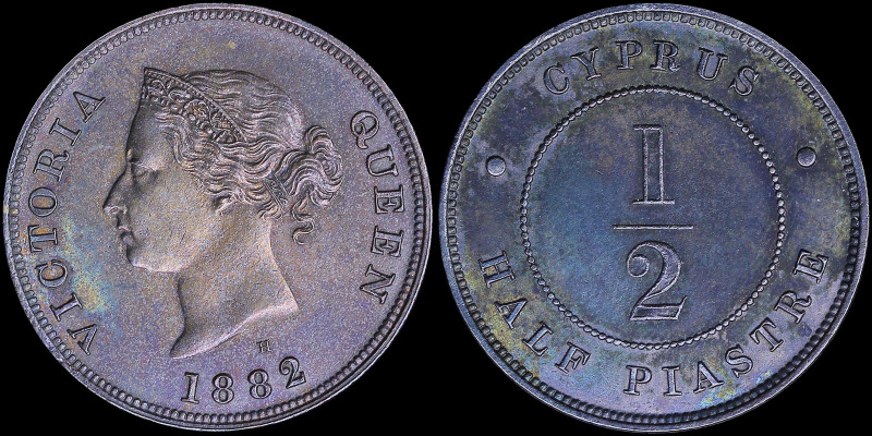 CYPRUS: 1/2 Piastre (1882 H) in bronze with crowned head of Queen Victoria facin...