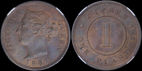 CYPRUS: 1 Piastre (1887) in bronze with crowned head of Queen Victoria facing left. Thick "1" within circle on reverse. Inside slab by NGC "MS 64 BN"....