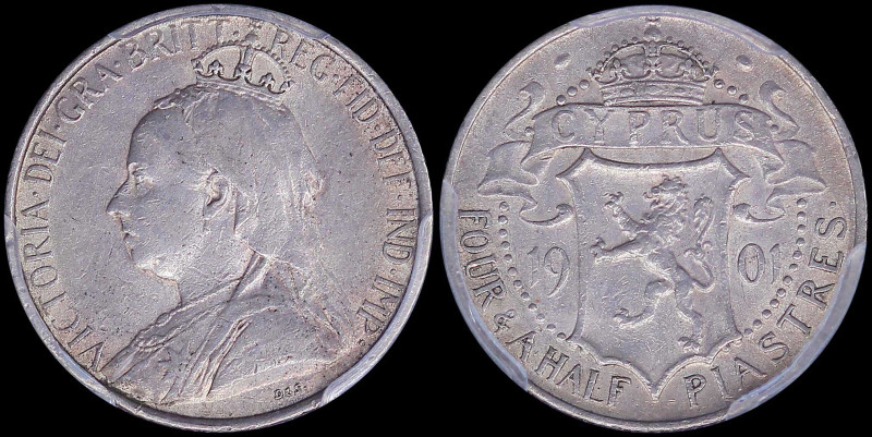 CYPRUS: 4- 1/2 Piastres (1901) in silver (0,925) with crowned and veiled bust of...