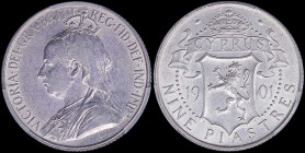 CYPRUS: 9 Piastres (1901) in silver (0,925) with crowned and veiled bust of Queen Victoria facing left. Crowned Arms divide date, denomination below o...
