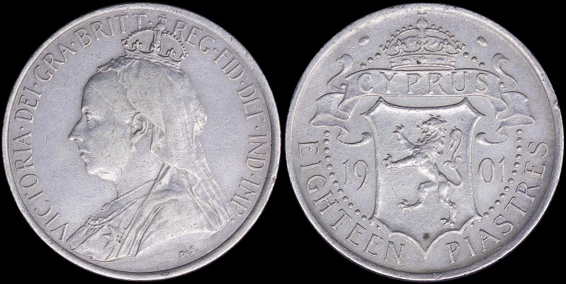 CYPRUS: 18 Piastres (1901) in silver (0,925) with crowned and veiled bust of Que...