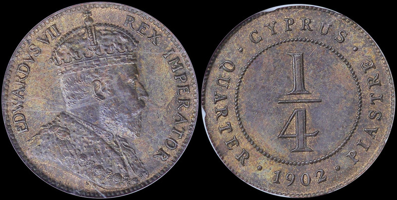 CYPRUS: 1/4 Piastre (1902) in bronze with crowned bust of King Edward VII facing...