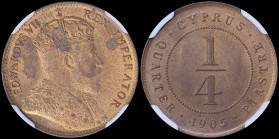 CYPRUS: 1/4 Piastre (1905) in bronze with crowned bust of King Edward VII facing right. Denomination within circle, date below on reverse. Inside slab...