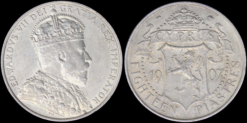 CYPRUS: 18 Piastres (1907) in silver (0,925) with crowned bust of King Edward VI...