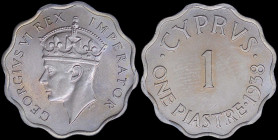 CYPRUS: 1 Piastre (1938) in copper-nickel with crowned head of George VI facing left. Denomination, date at right on reverse. Inside slab by PCGS "MS ...