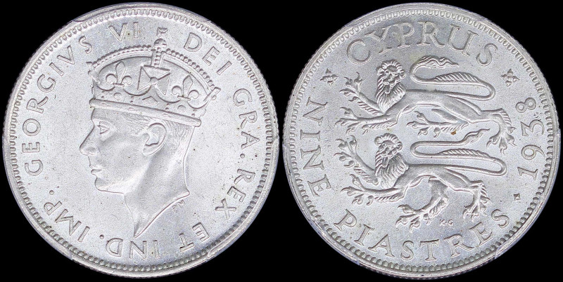 CYPRUS: 9 Piastres (1938) in silver (0,925) with crowned head of King George VI ...