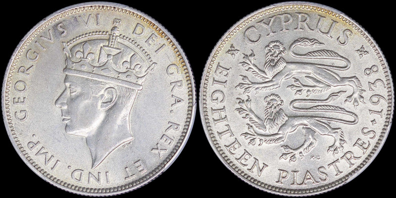 CYPRUS: 18 Piastres (1938) in silver (0,925) with crowned head of King George VI...