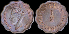 CYPRUS: 1/2 Piastre (1944) in bronze with crowned head of King George VI facing left. Denomination and date on reverse. Inside slab by PCGS "MS 64 BN"...