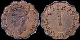 CYPRUS: 1 Piastre (1944) in bronze with crowned head of King George VI facing left. Denomination at center and date at right on reverse. Inside slab b...
