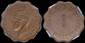 CYPRUS: 1 Piastre (1946) in bronze with crowned head of King George VI facing left. Denomination at center and date at right on reverse. Inside slab b...