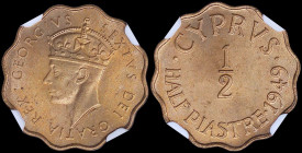 CYPRUS: 1/2 Piastre (1949) in bronze with crowned head of King George VI facing left. Denomination and date on reverse. Inside slab by NGC "MS 65 RD"....