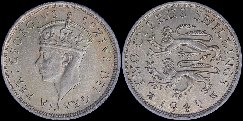 CYPRUS: 2 Shillings (1949) in copper-nickel with crowned head of King George VI ...