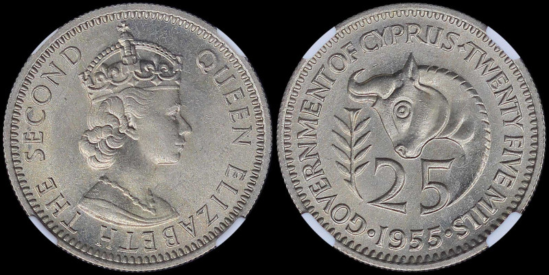 CYPRUS: 25 Mils (1955) in copper-nickel with crowned bust of Queen Elizabeth II ...