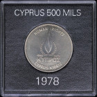 CYPRUS: 500 Mils (ND 1978) in copper-nickel commemorating the human rights with flame within wreath. Stylized crying dove above denomination reverse. ...