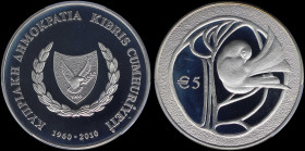 CYPRUS: 5 Euro (2010) in silver (0,925) commemorating the 50th Anniversary of the Republic of Cyprus with national Arms. Bird in stylized tree on reve...